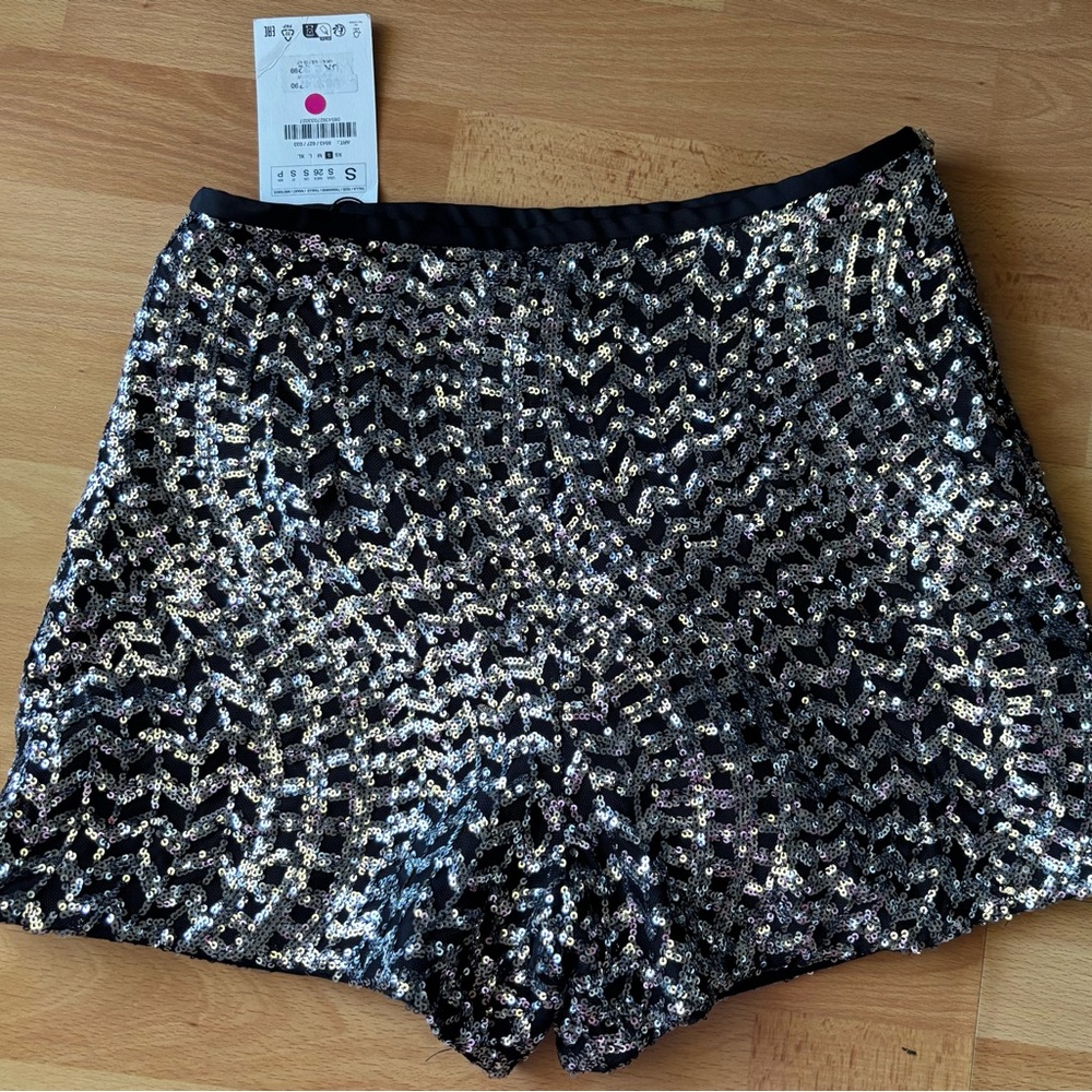 Zara Black and Silver Sequin High Waist Shorts